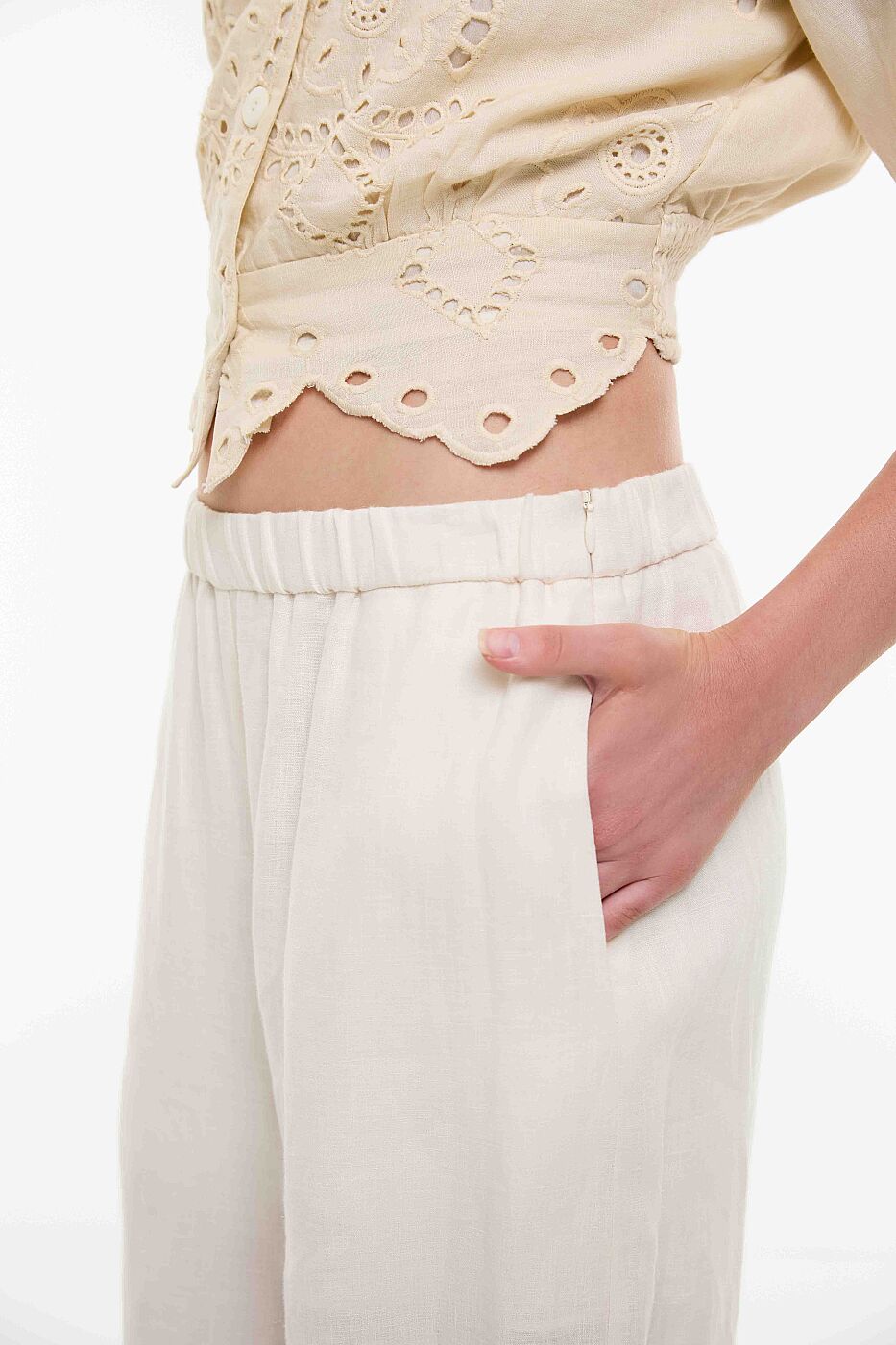 Geniş Paça Keten Pantolon Ekru - 3