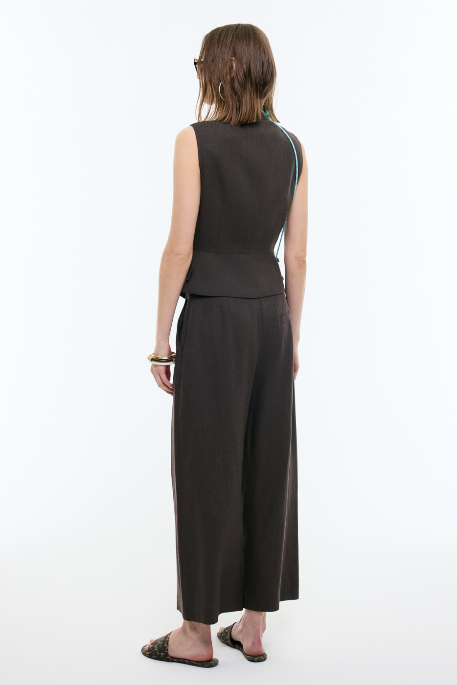 Geniş Paça Keten Pantolon Kahve - 2