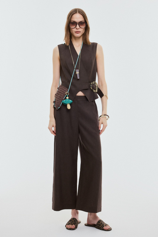 Geniş Paça Keten Pantolon Kahve - Roman