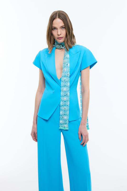 Geniş Paça Krep Pantolon Mavi - 3