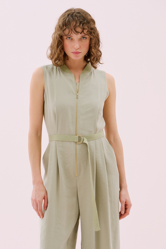 Geniş Paça Önü Fermuarlı Tulum Yeşil - 3