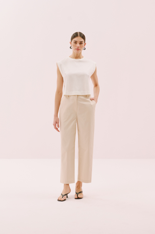 Girik Kol Arkası Yırtmaçlı Bisiklet Yaka T-Shirt Bej - 4