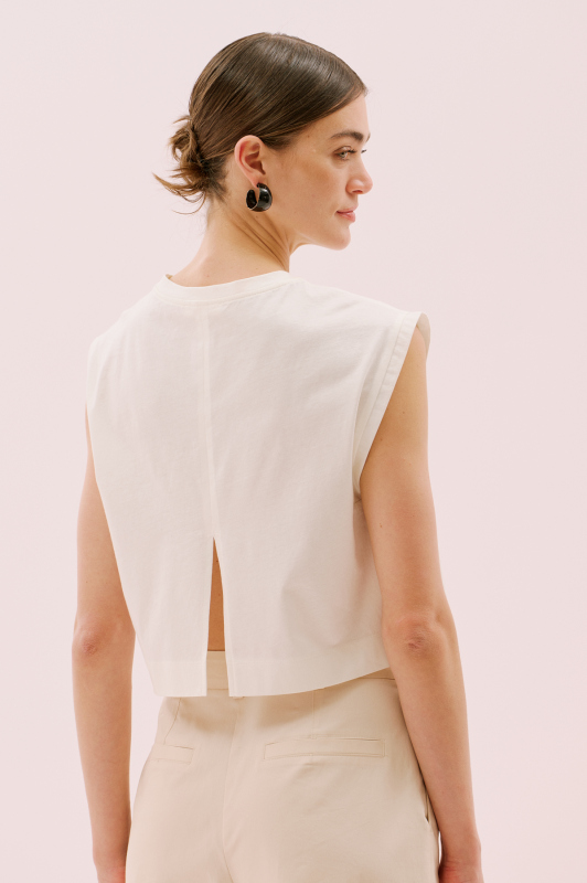 Girik Kol Arkası Yırtmaçlı Bisiklet Yaka T-Shirt Bej - 2