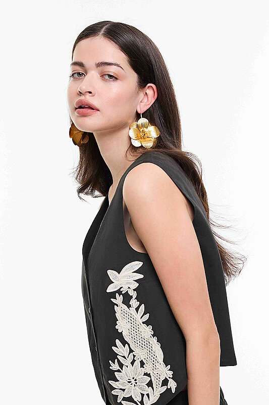 Çiçek Detaylı Küpe Gold - 1