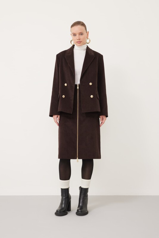 Gold Düğmeli kadife Kruvaze Ceket Kahve - 3