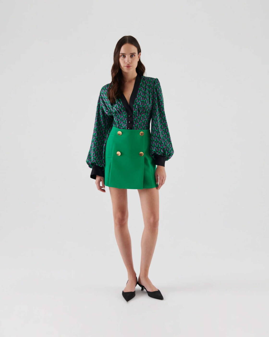 Gold Buttoned Mini Skirt Green - 3