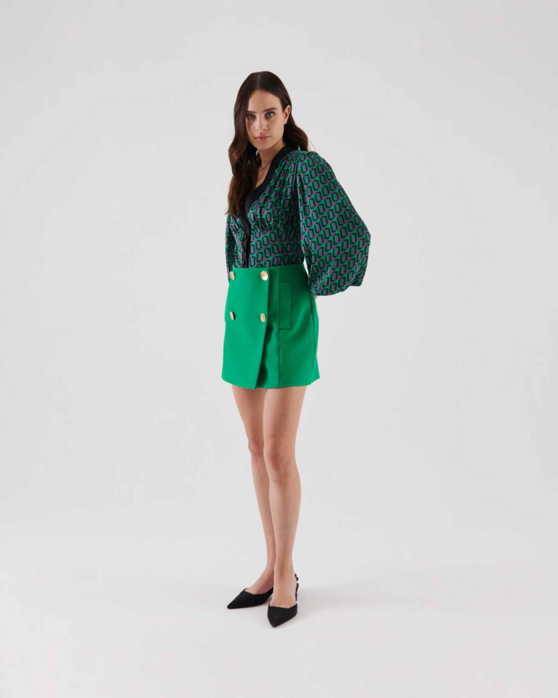 Gold Buttoned Mini Skirt Green - 1