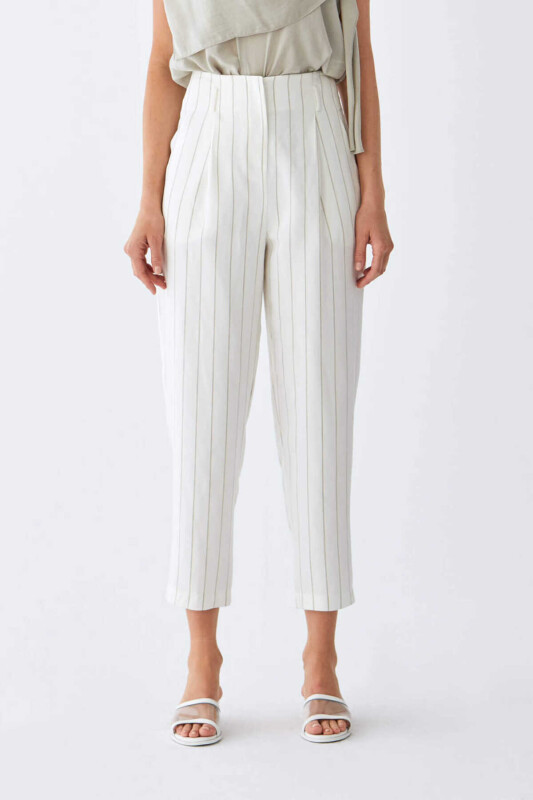 Gri Çizgili Bilek Boy Kadın Pantolon Ekru - 1