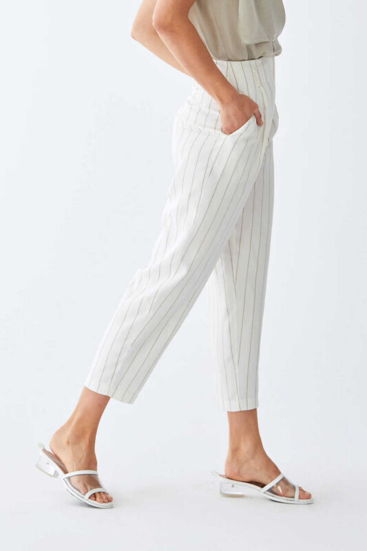 Gri Çizgili Bilek Boy Kadın Pantolon Ekru - 3