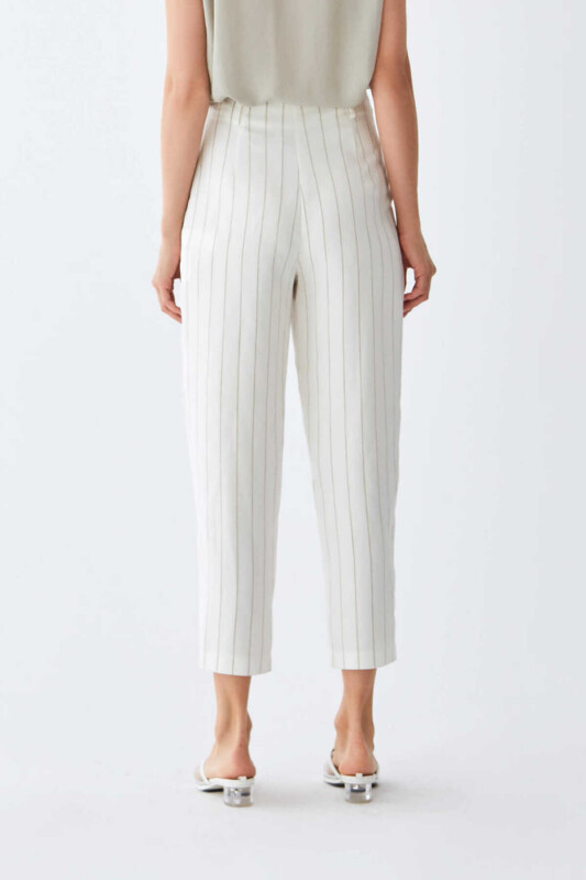 Gri Çizgili Bilek Boy Kadın Pantolon Ekru - 2