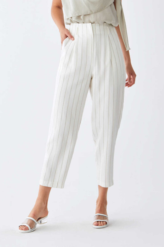 Gri Çizgili Bilek Boy Kadın Pantolon Ekru - 4