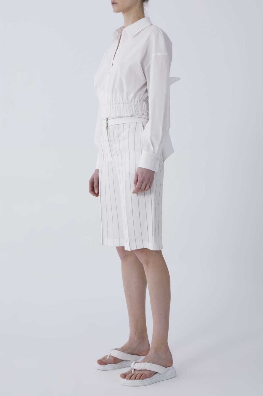 Gri Çizgili Kısa Kadın Pantolon Ekru - 3