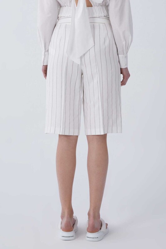 Gri Çizgili Kısa Kadın Pantolon Ekru - 2