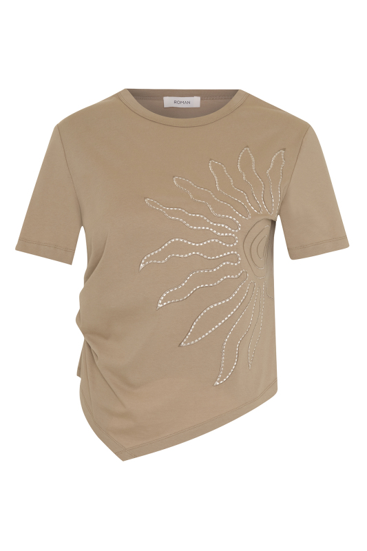 Güneş Nakışlı Asimetrik T-shirt Kahve - 4