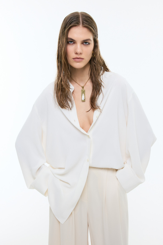 Hakim Yaka Geniş Kesim Gömlek Ekru - 3