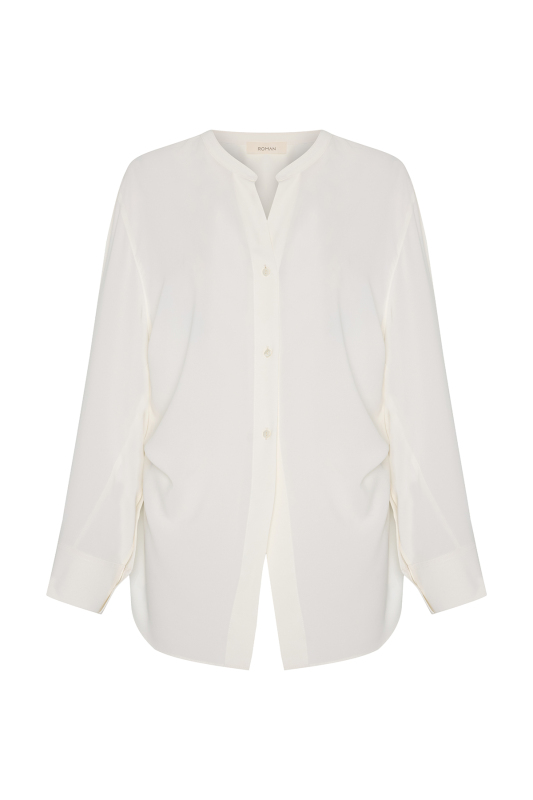 Hakim Yaka Geniş Kesim Gömlek Ekru - 5