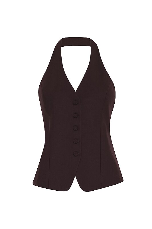 Halter Yaka Düğmeli Yelek Bordo - 3