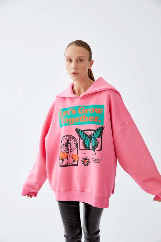  Hoodie Baskılı Kadın Sweatshirt Pembe 