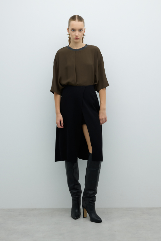 İçi Şort Detaylı Midi Boy Etek Siyah - 1