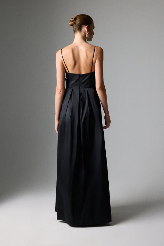 İnce Askılı Brode Detaylı Tafta Elbise Siyah - Roman (1)