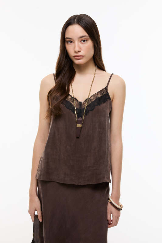 İnce Askılı Dantel Detaylı Bluz Kahve - 1