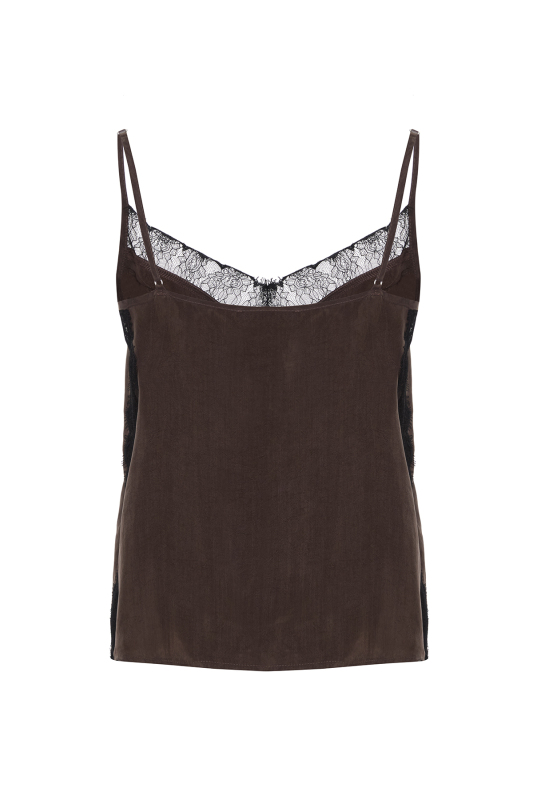 İnce Askılı Dantel Detaylı Bluz Kahve - 6