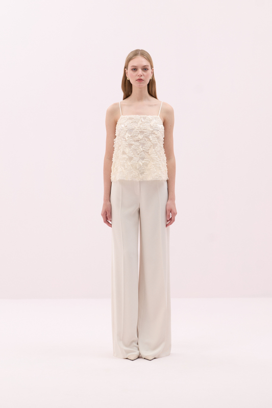 İnce Askılı Kare Yaka Payet Bluz Bej - 3