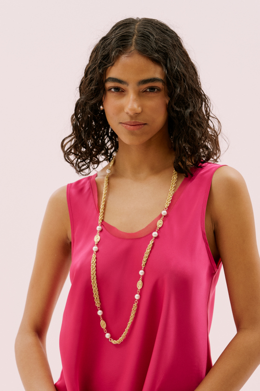 İnci Detaylı Uzun Zincir Kolye Pudra - 1