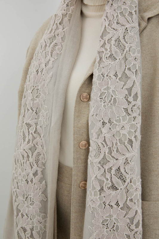 İpek ve Yün Karışımlı Desenli Şal Gri - Roman (1)