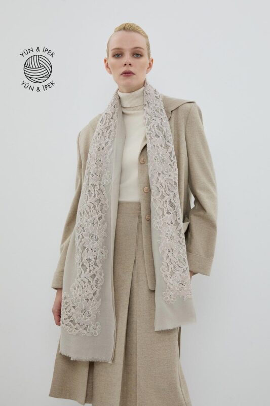 İpek ve Yün Karışımlı Desenli Şal Gri - Roman