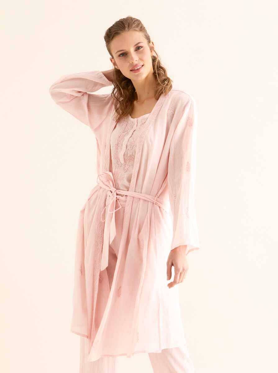 İşlemeli Açık Kimono Pembe - 1