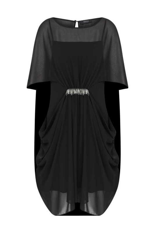  İşlemeli Transparan Abiye Elbise Siyah - 4