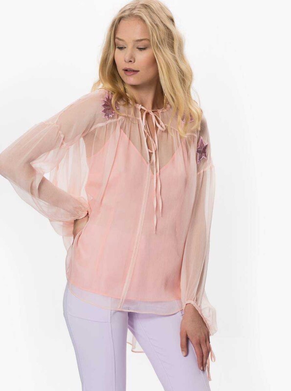İşlemeli Transparan Mint Bluz Somon - 3