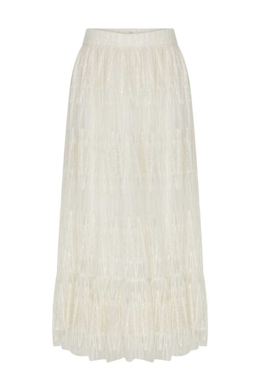 İşlemeli Uzun Etek Ekru - 4