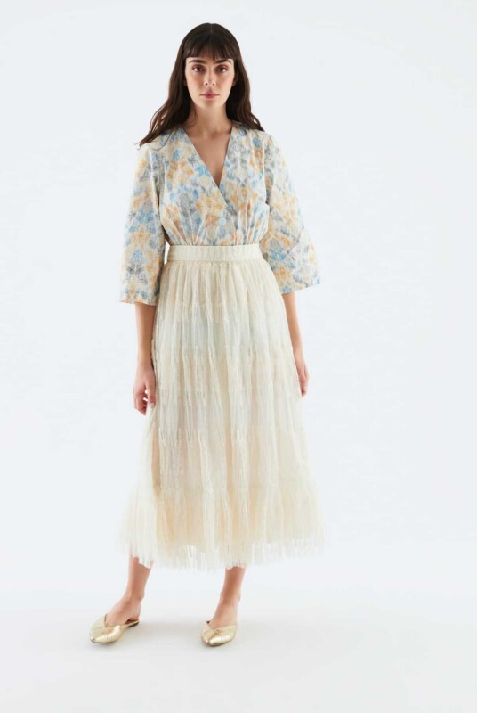 İşlemeli Uzun Etek Ekru - 1