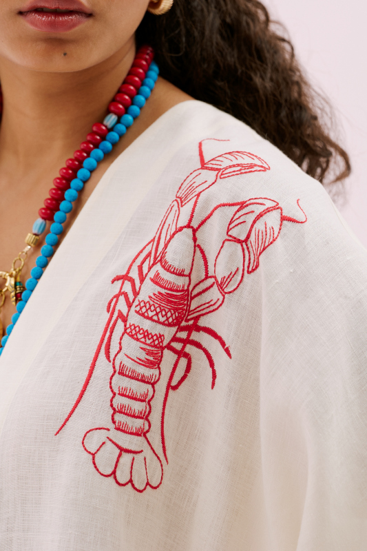 Istakoz Nakışlı Keten Kimono Bej - 3