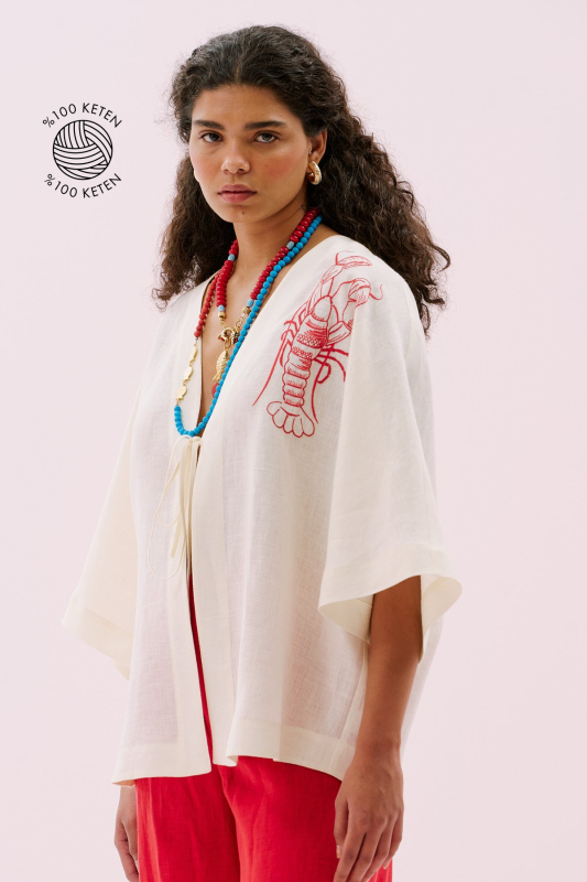 Istakoz Nakışlı Keten Kimono Bej - Roman