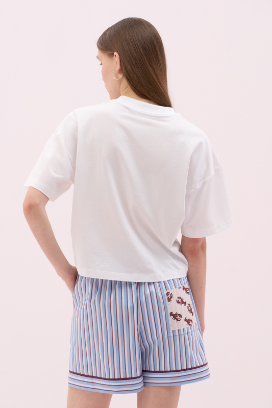 Istakoz Nakışlı Kısa Kol Bisiklet Yaka T-shirt Beyaz - 2