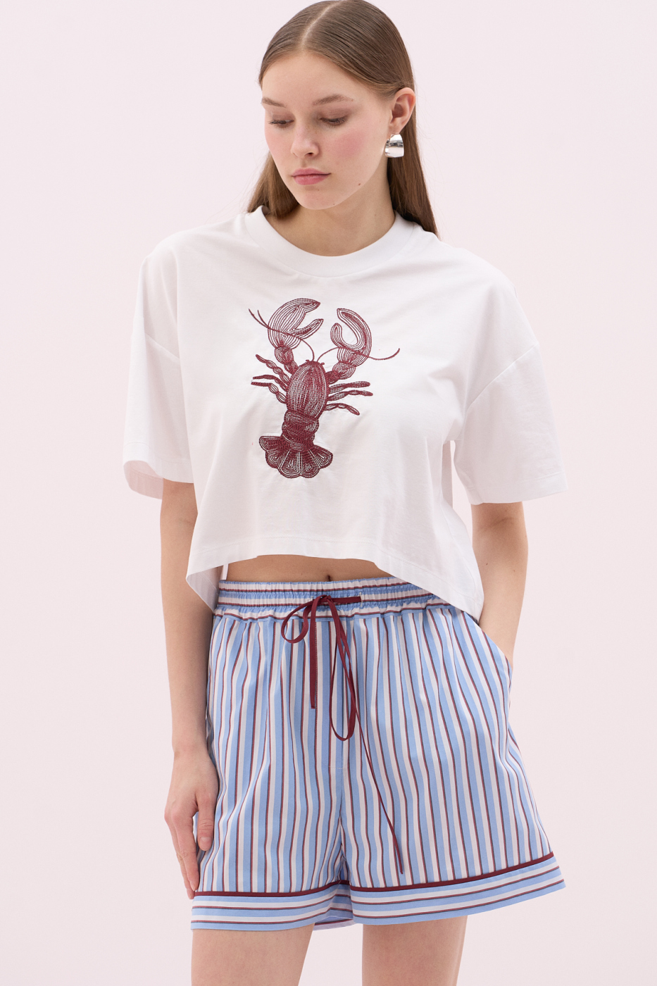 Istakoz Nakışlı Kısa Kol Bisiklet Yaka T-shirt Beyaz - 1