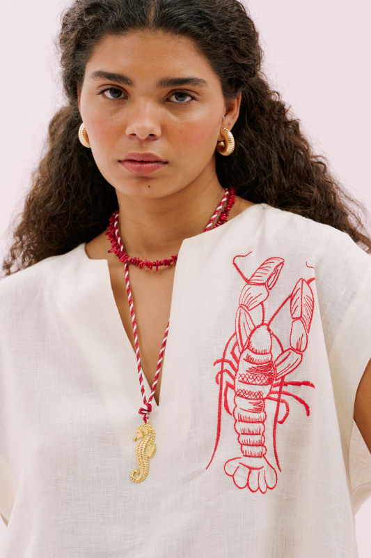 Istakoz Nakışlı Yanları Yırtmaçlı Keten Tunik Bej - 5