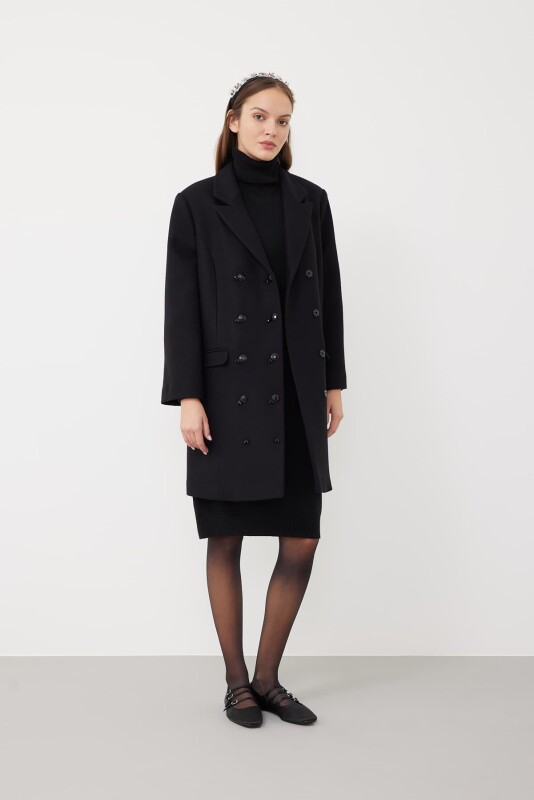 Düğmeli Yün Ceket Siyah - 4