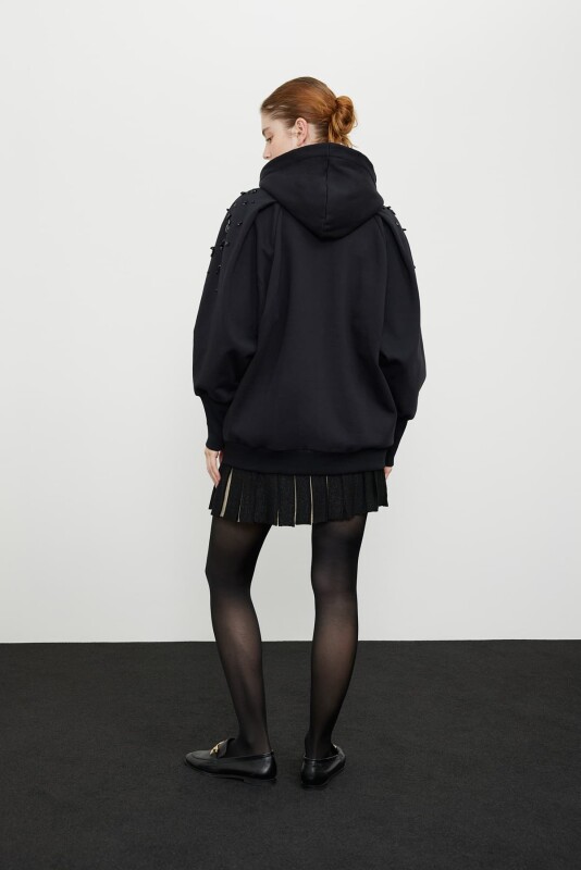 Taşlı İşlemeli Hoodie Sweatshirt Siyah - 2