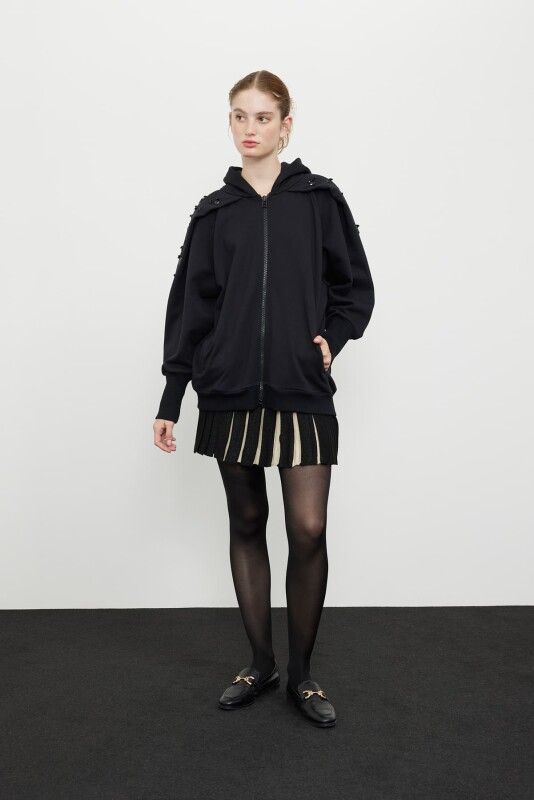 Taşlı İşlemeli Hoodie Sweatshirt Siyah - 3