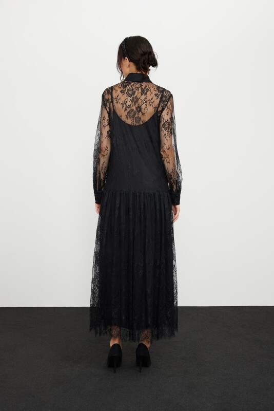 Maxi Length Lace Dress Black - 2
