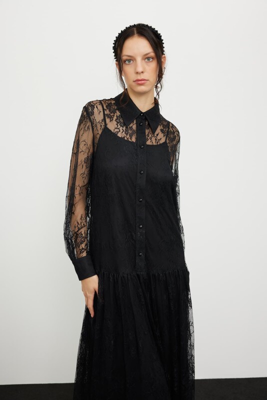 Maxi Length Lace Dress Black - 3