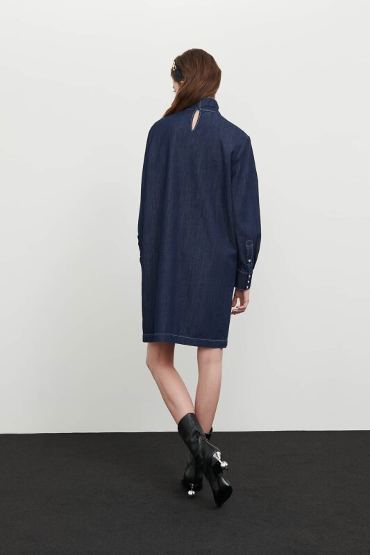 Denim Dress with Scarf Collar Navy - 2