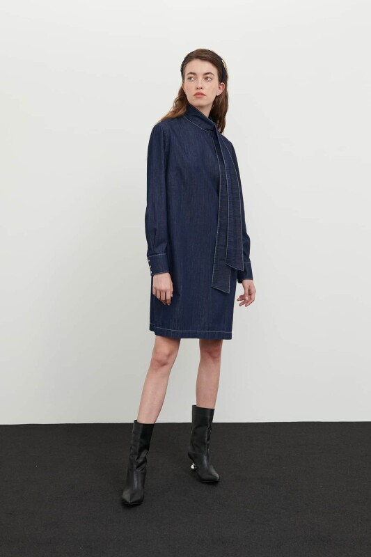 Denim Dress with Scarf Collar Navy - 3