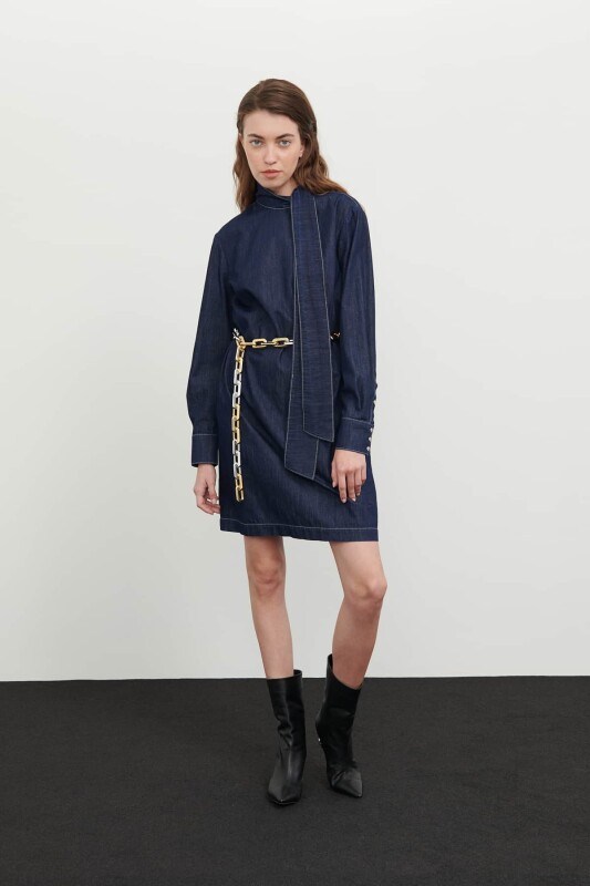 Denim Dress with Scarf Collar Navy - 4