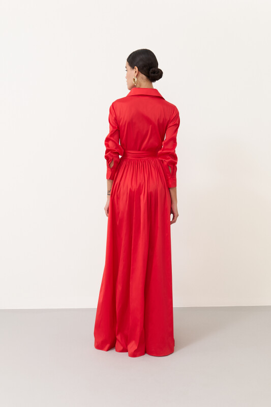 Maxı Boy Tafta Gömlek Elbise Kırmızı - 2