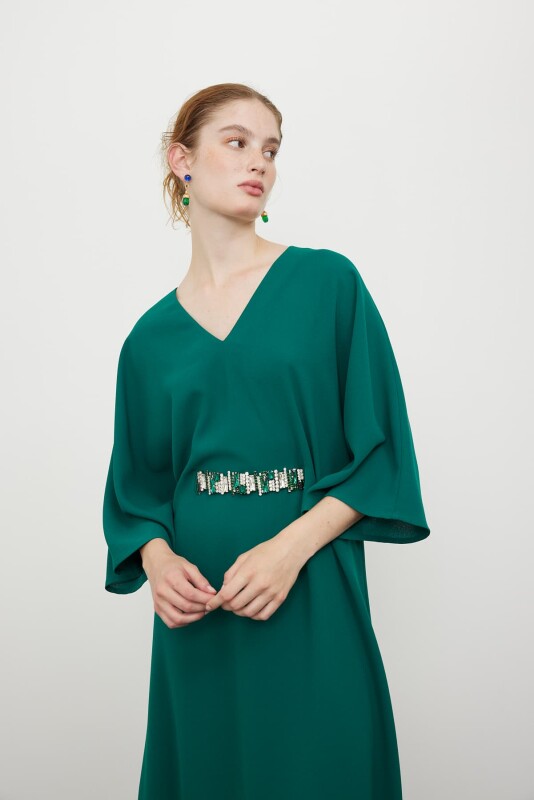 Beli Taşlı V Yaka Maxı Boy Crep Elbise Yeşil - 3